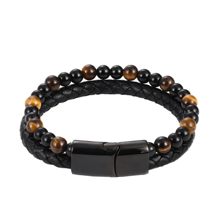 Men's Magnetic Volcanic Stone & Leather Charm Bracelet – Stainless Steel Beaded Bangle