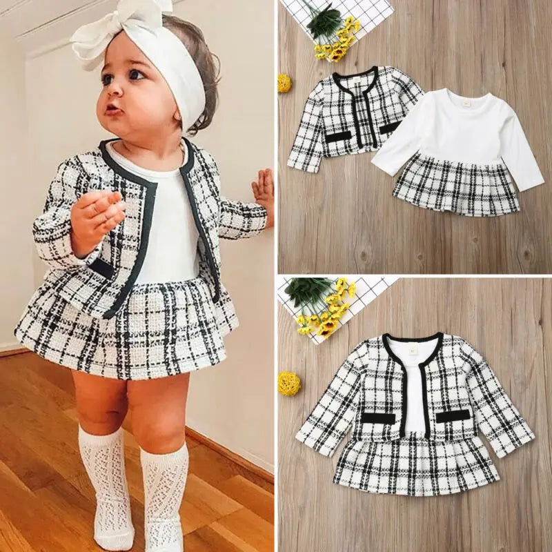 2Pcs Autumn Winter Party Kids Clothes For Baby Girl Fashion Pageant Plaid Coat Tutu Dress Outfits Suit Toddler Girl Clothing Set eprolo