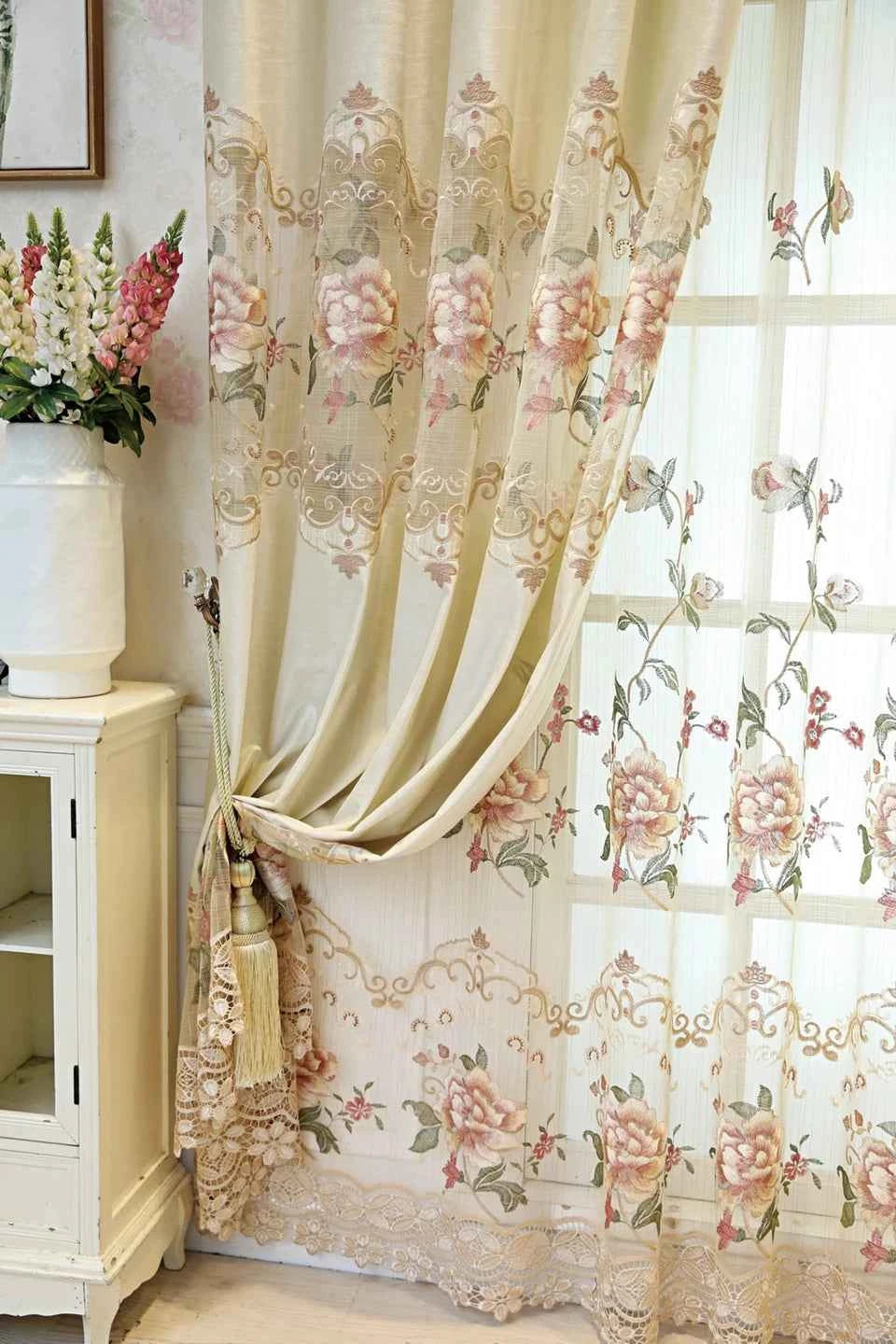 European Luxury Velvet Curtains - Embroidered Floral Tulle Blackout Drapes for Living Room