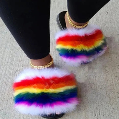 Women's Winter Fox Fur Slippers - Luxury Indoor Fluffy Slides