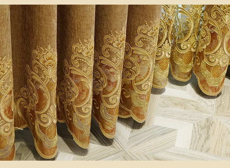 European Luxury Chenille Embroidered Curtains - Coffee Color Villa Valance for Living Room & Bedroom - Shello's Creative Boutique