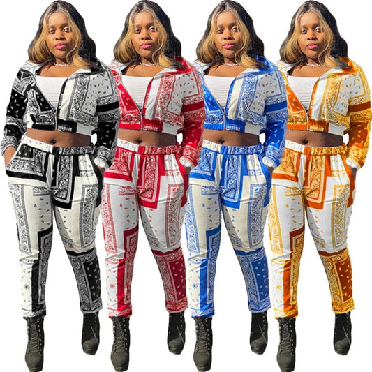 Women's Paisley Bandana Print Tracksuit - 2-Piece Zip-Up Sweatshirt & Jogger Set - Shello's Creative Boutique