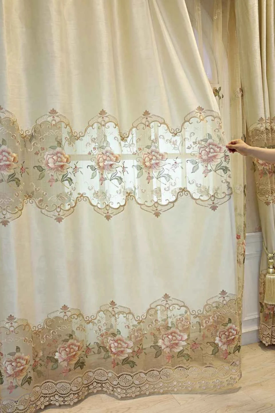 European Luxury Velvet Curtains - Embroidered Floral Tulle Blackout Drapes for Living Room