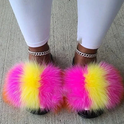 Women's Winter Fox Fur Slippers - Luxury Indoor Fluffy Slides