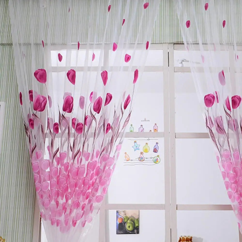 Romantic Tulip Print Voile Sheer Curtains - Window Drape Divider for Living Room & Bedroom - Shello's Creative Boutique