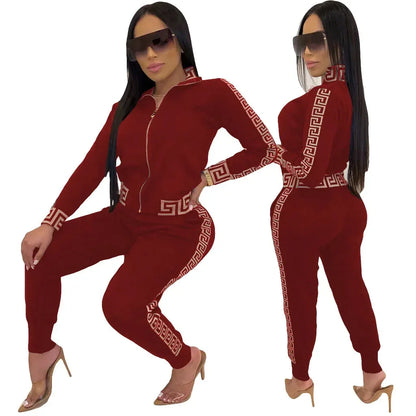Y2K Greek Fret Print Tracksuit - Elegant 2-Piece Coat & Jogger Set (Plus Size Available) - Shello's Creative Boutique