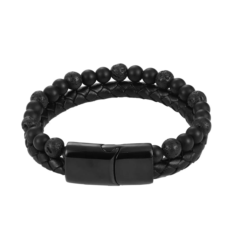 Men's Magnetic Volcanic Stone & Leather Charm Bracelet – Stainless Steel Beaded Bangle