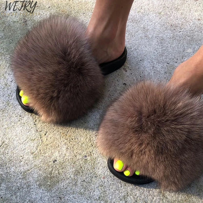 Women's Winter Fox Fur Slippers - Luxury Indoor Fluffy Slides