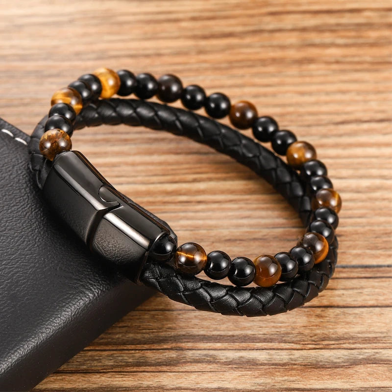 Men's Magnetic Volcanic Stone & Leather Charm Bracelet – Stainless Steel Beaded Bangle