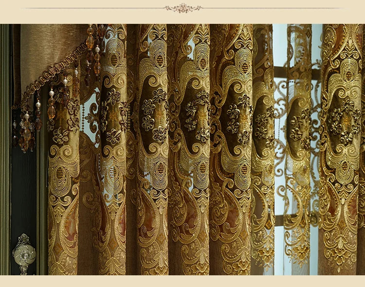 European Luxury Chenille Embroidered Curtains - Coffee Color Villa Valance for Living Room & Bedroom - Shello's Creative Boutique