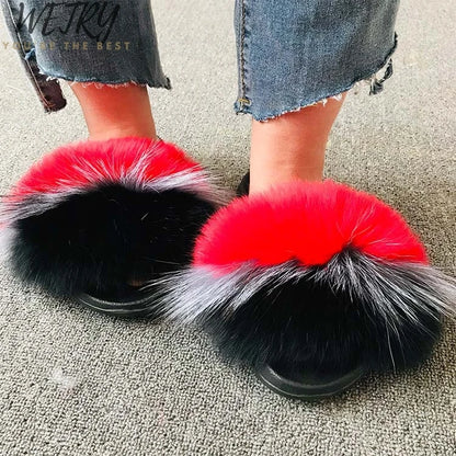 Women's Winter Fox Fur Slippers - Luxury Indoor Fluffy Slides