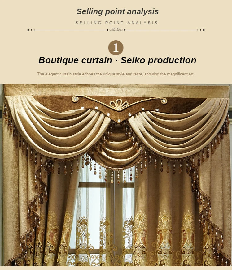 European Luxury Chenille Embroidered Curtains - Coffee Color Villa Valance for Living Room & Bedroom - Shello's Creative Boutique