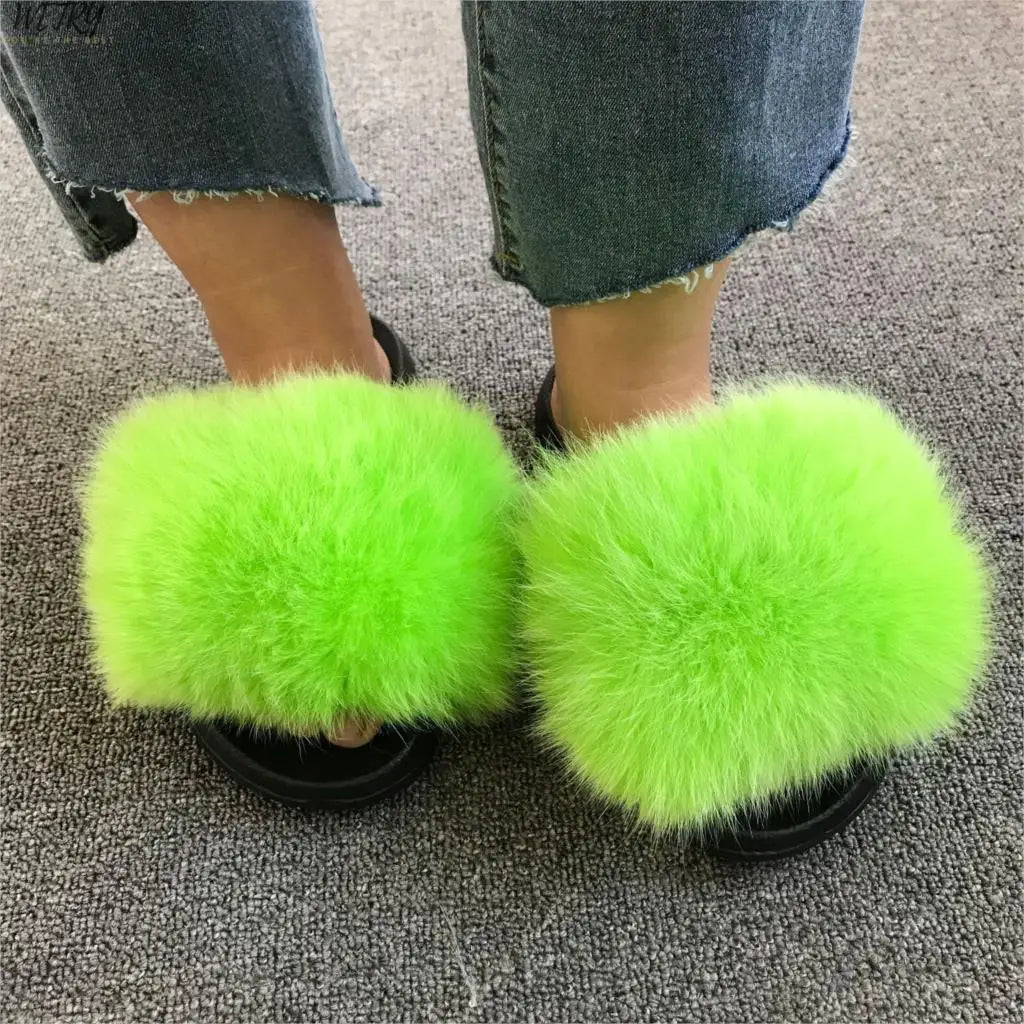 Women's Winter Fox Fur Slippers - Luxury Indoor Fluffy Slides