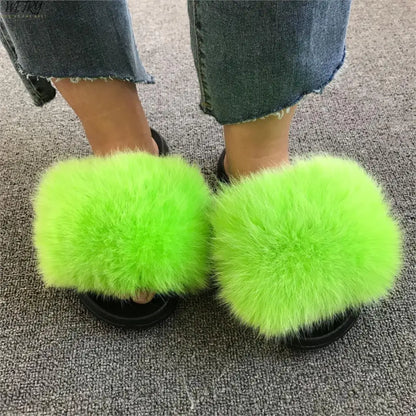 Women's Winter Fox Fur Slippers - Luxury Indoor Fluffy Slides