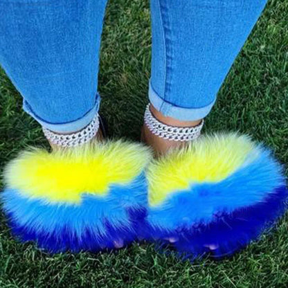 Women's Winter Fox Fur Slippers - Luxury Indoor Fluffy Slides
