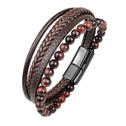 Men's Magnetic Volcanic Stone & Leather Charm Bracelet – Stainless Steel Beaded Bangle
