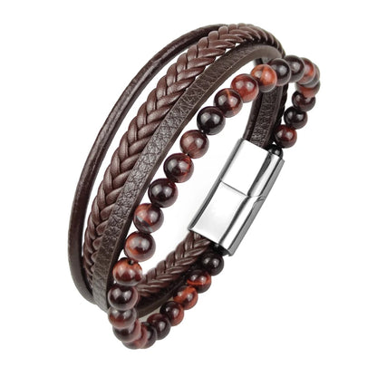 Men's Magnetic Volcanic Stone & Leather Charm Bracelet – Stainless Steel Beaded Bangle