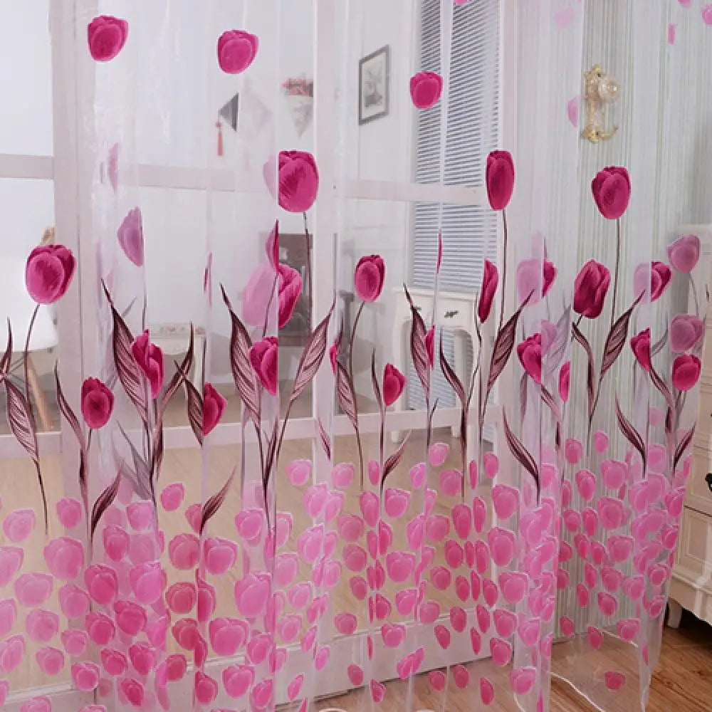 Romantic Tulip Print Voile Sheer Curtains - Window Drape Divider for Living Room & Bedroom - Shello's Creative Boutique