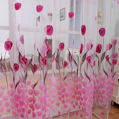 Romantic Tulip Print Voile Sheer Curtains - Window Drape Divider for Living Room & Bedroom - Shello's Creative Boutique