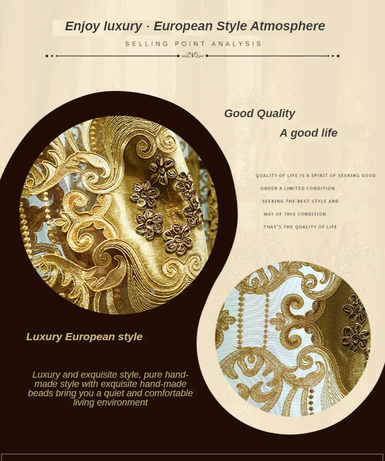 European Luxury Chenille Embroidered Curtains - Coffee Color Villa Valance for Living Room & Bedroom - Shello's Creative Boutique