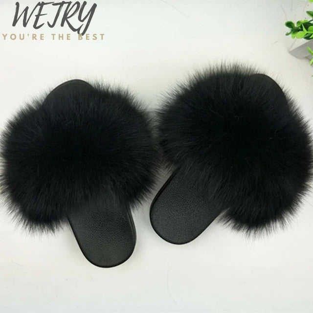 Women's Winter Fox Fur Slippers - Luxury Indoor Fluffy Slides