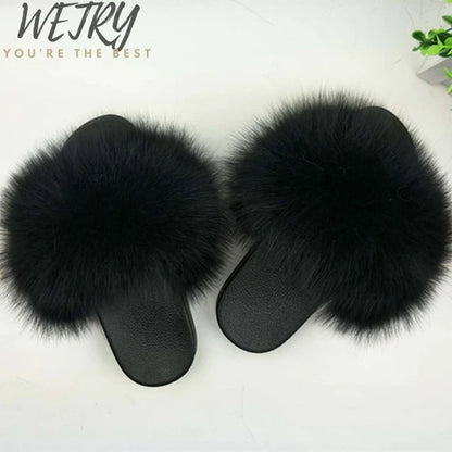 Women's Winter Fox Fur Slippers - Luxury Indoor Fluffy Slides