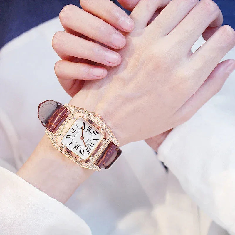 Women Diamond Watch Starry Square Dial Bracelet Watches Set Ladies Leather Band Quartz Wristwatch Female Clock Zegarek Damski - Shello's Creative Boutique