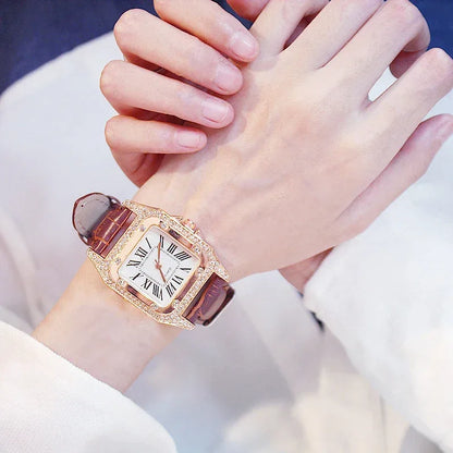 Women Diamond Watch Starry Square Dial Bracelet Watches Set Ladies Leather Band Quartz Wristwatch Female Clock Zegarek Damski - Shello's Creative Boutique