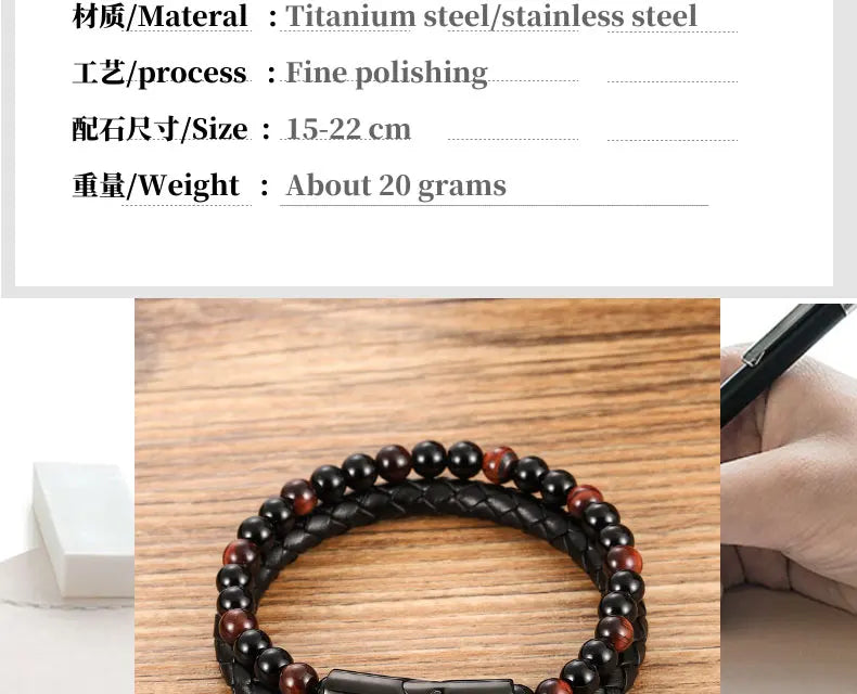 Men's Magnetic Volcanic Stone & Leather Charm Bracelet – Stainless Steel Beaded Bangle