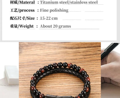 Men's Magnetic Volcanic Stone & Leather Charm Bracelet – Stainless Steel Beaded Bangle