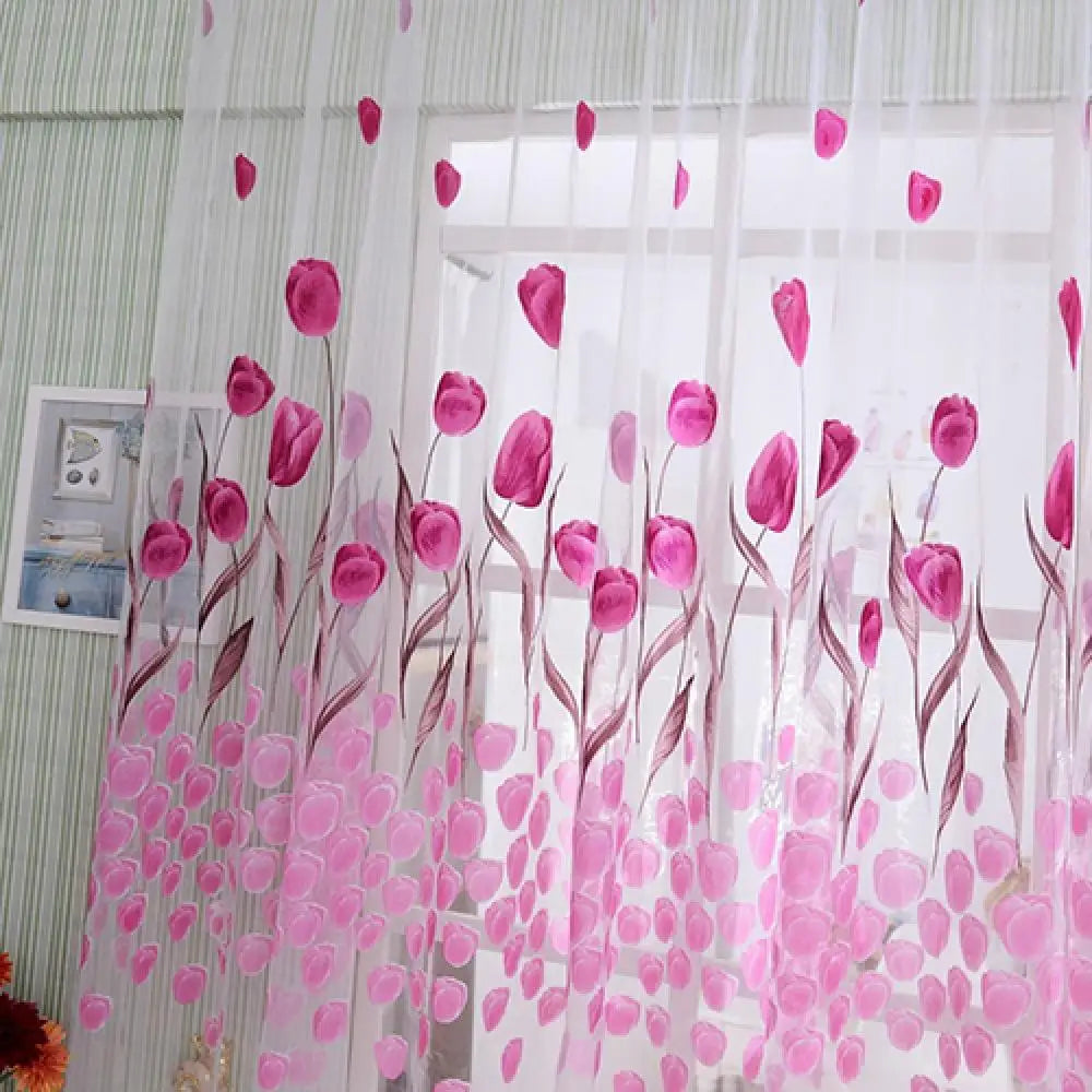 Romantic Tulip Print Voile Sheer Curtains - Window Drape Divider for Living Room & Bedroom - Shello's Creative Boutique