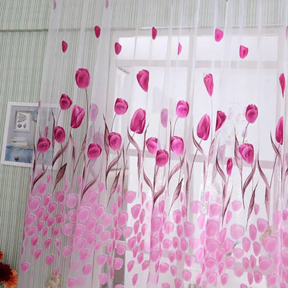 Romantic Tulip Print Voile Sheer Curtains - Window Drape Divider for Living Room & Bedroom - Shello's Creative Boutique