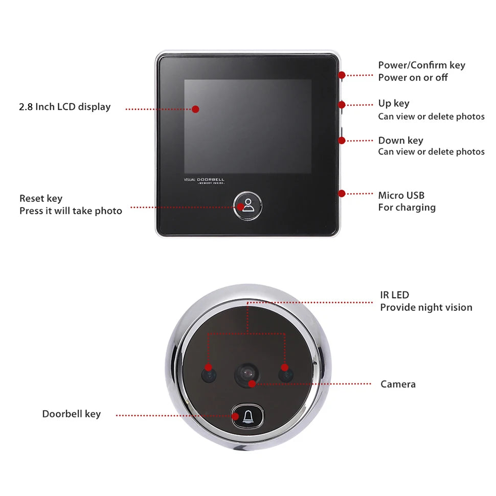 KAK 2.8 Inch LCD Smart Peephole Doorbell with IR Night Vision & Photo Recording