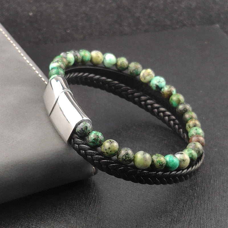 Men's Magnetic Volcanic Stone & Leather Charm Bracelet – Stainless Steel Beaded Bangle