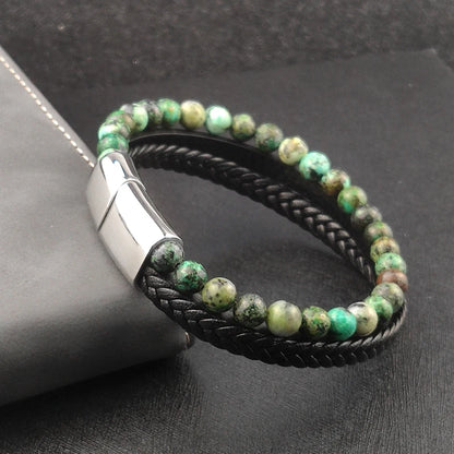 Men's Magnetic Volcanic Stone & Leather Charm Bracelet – Stainless Steel Beaded Bangle