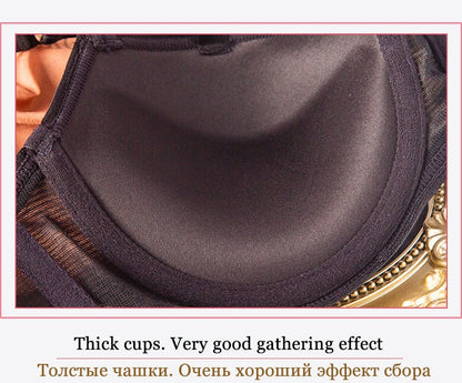 DKGEA Black Bandage Push-Up Bra & Brief Set – Sexy Deep V Floral Embroidered Lingerie for Women (B–D Cup, Sizes 70–95)