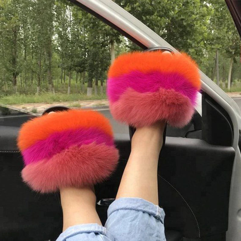 Women's Luxury Fluffy Fur Slippers - Indoor Warm Plush Flip Flops
