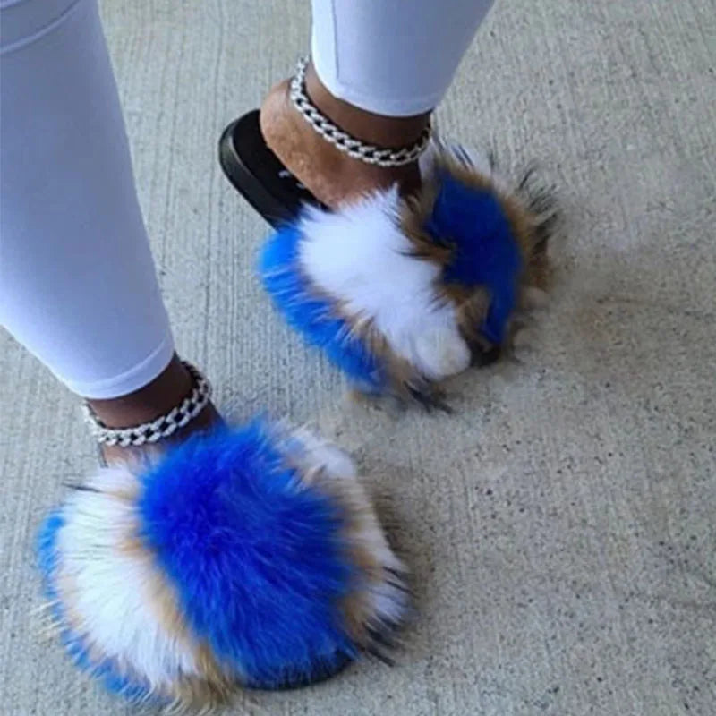 Women's Winter Fox Fur Slippers - Luxury Indoor Fluffy Slides - Shello's Creative Boutique