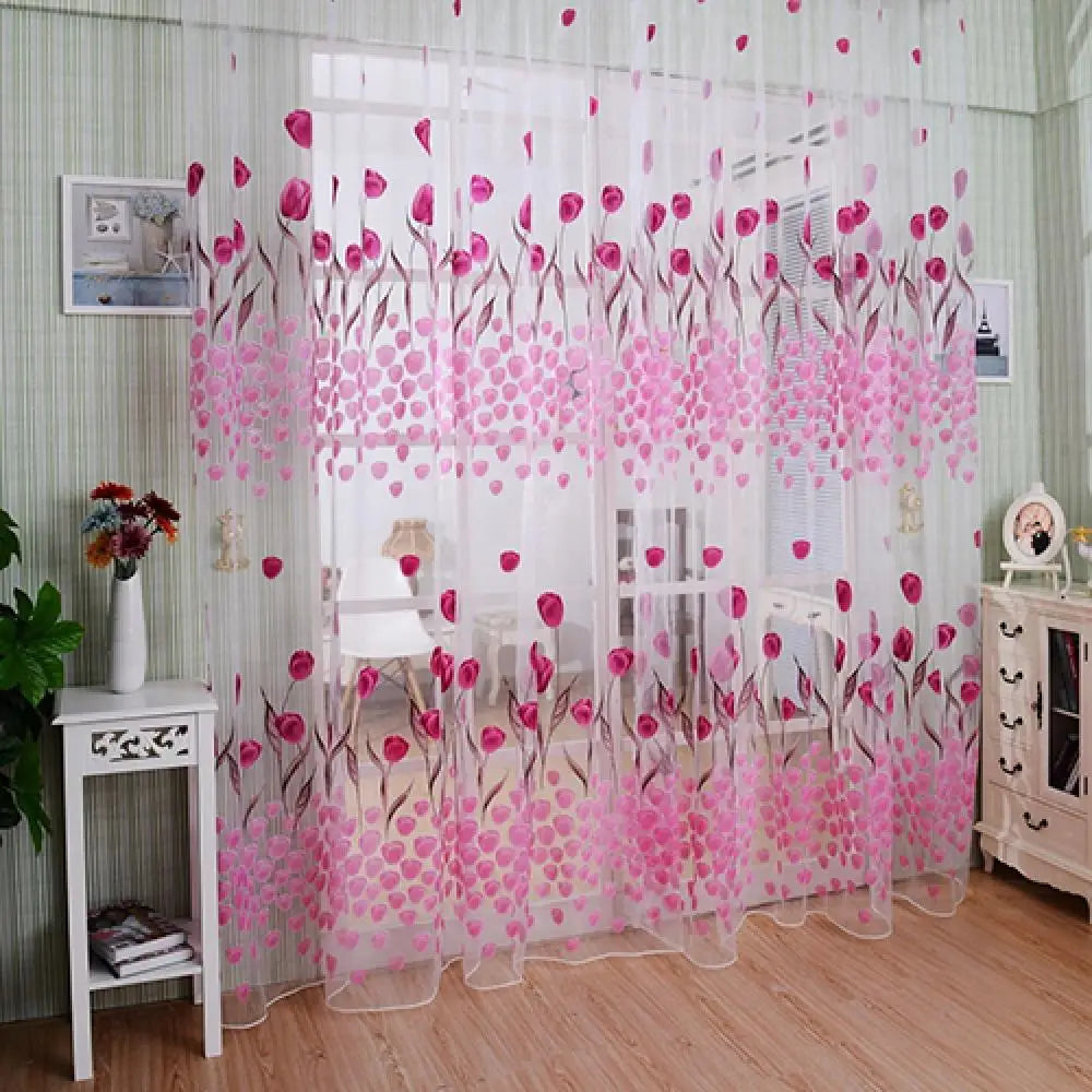 Romantic Tulip Print Voile Sheer Curtains - Window Drape Divider for Living Room & Bedroom - Shello's Creative Boutique