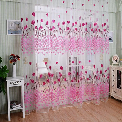 Romantic Tulip Print Voile Sheer Curtains - Window Drape Divider for Living Room & Bedroom - Shello's Creative Boutique