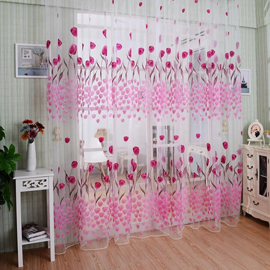 Romantic Tulip Print Voile Sheer Curtains - Window Drape Divider for Living Room & Bedroom - Shello's Creative Boutique