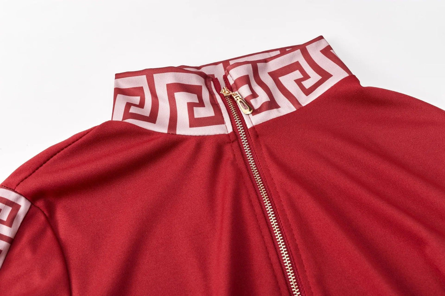 Y2K Greek Fret Print Tracksuit - Elegant 2-Piece Coat & Jogger Set (Plus Size Available) - Shello's Creative Boutique