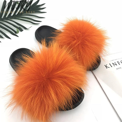 Women's Winter Fox Fur Slippers - Luxury Indoor Fluffy Slides
