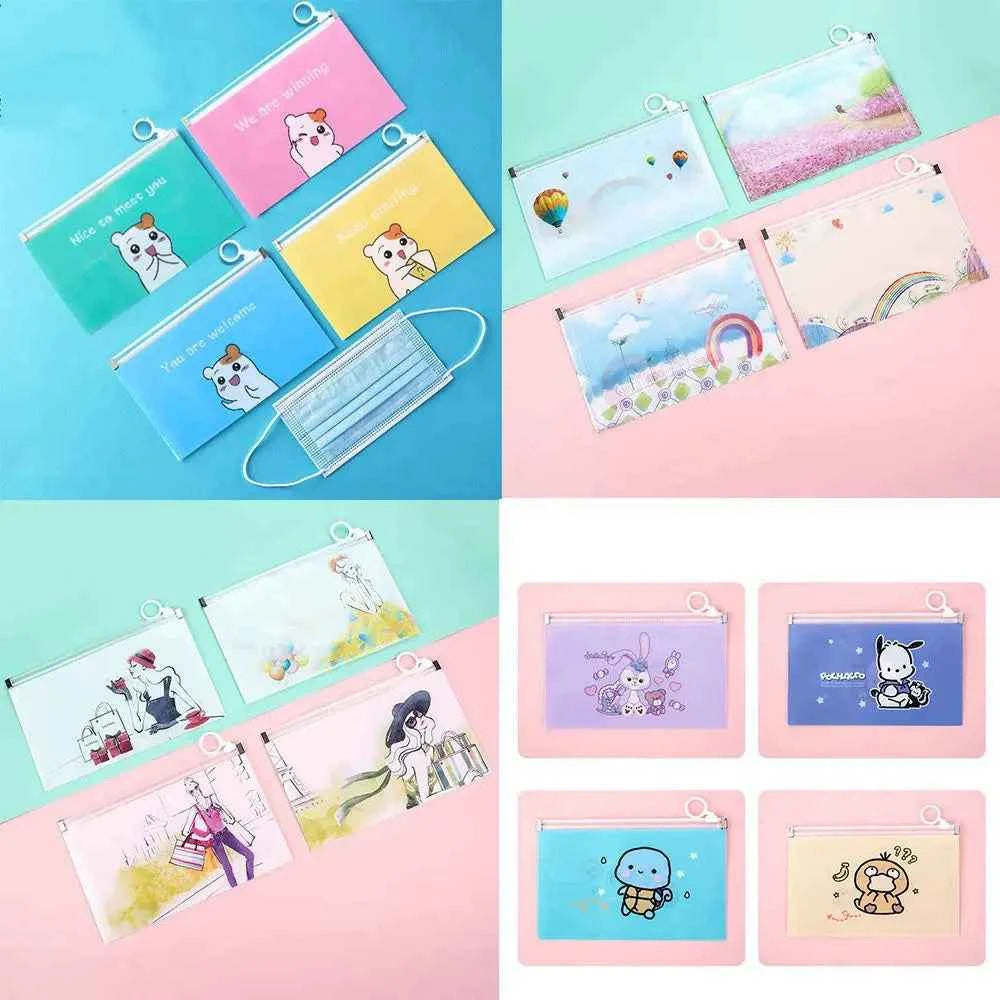 4Pcs Cartoon Mask Cover Bag Portable Facemask Holder Face Mask Storage Case Save Mask Zipper Bags Bills Files Bag Pencil Bags