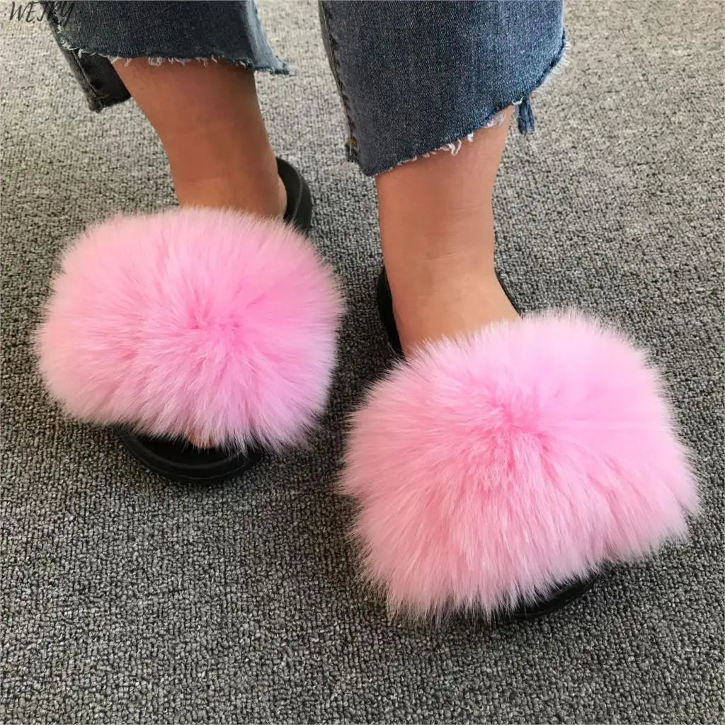 Women's Winter Fox Fur Slippers - Luxury Indoor Fluffy Slides