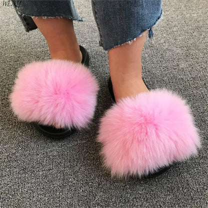 Women's Winter Fox Fur Slippers - Luxury Indoor Fluffy Slides