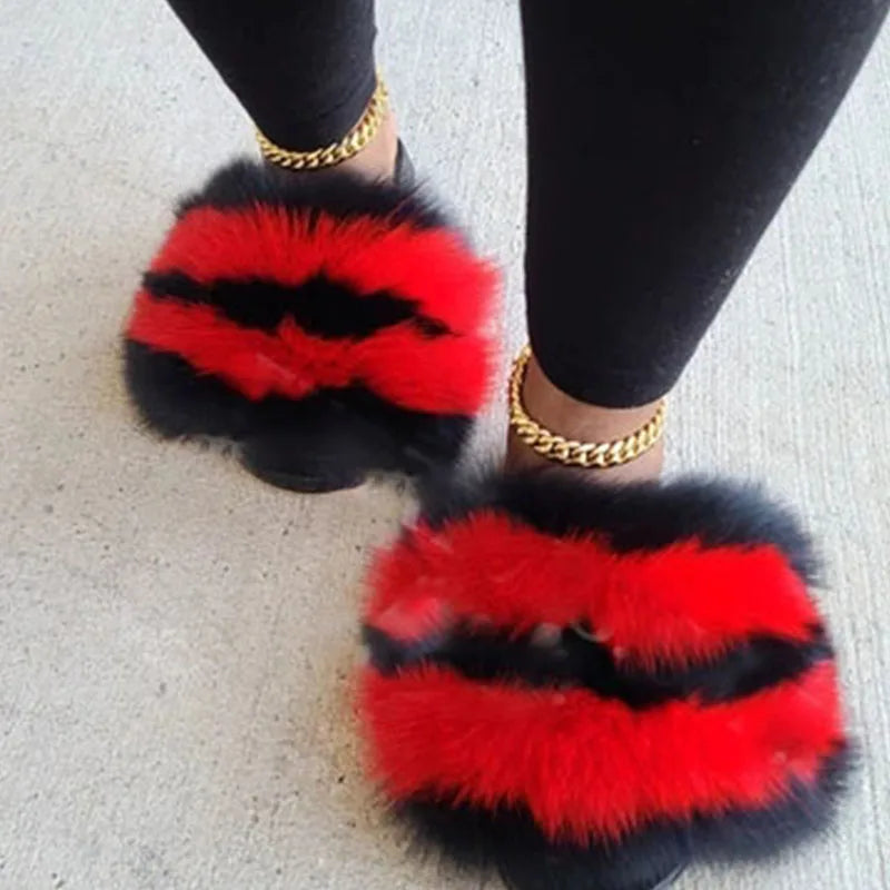 Women's Winter Fox Fur Slippers - Luxury Indoor Fluffy Slides - Shello's Creative Boutique