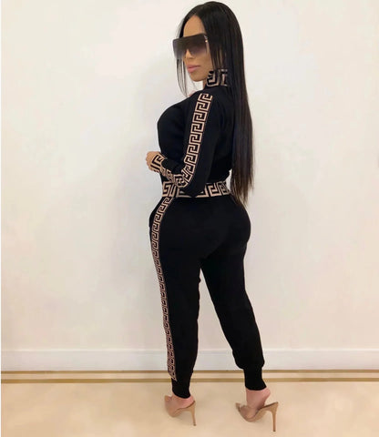 Y2K Greek Fret Print Tracksuit - Elegant 2-Piece Coat & Jogger Set (Plus Size Available) - Shello's Creative Boutique
