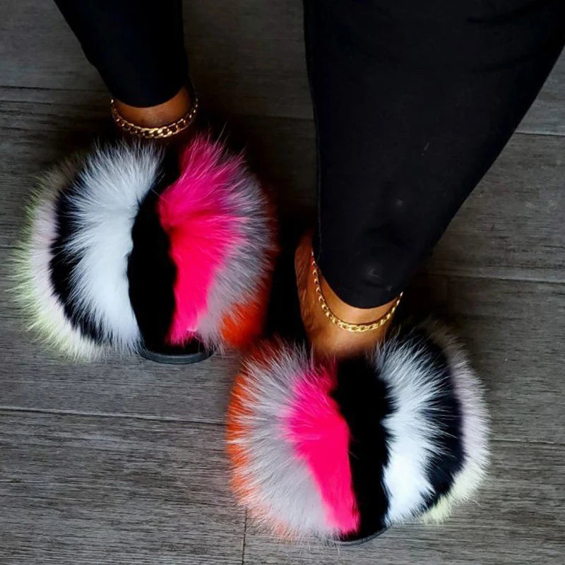 Women's Luxury Fluffy Fur Slippers - Indoor Warm Plush Flip Flops