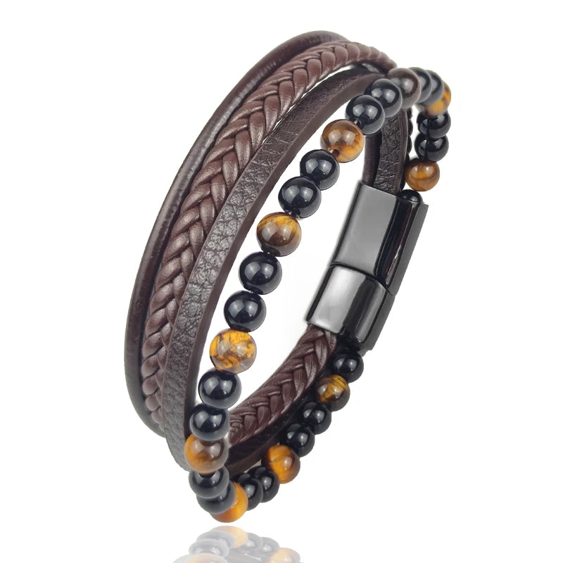 Men's Magnetic Volcanic Stone & Leather Charm Bracelet – Stainless Steel Beaded Bangle